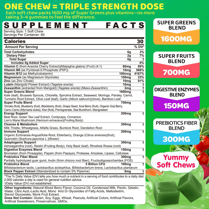 Greens Gummies for Picky Teens & Adults - Greens Superfood Multivitamin Gummies w/ 40+ Fruits & Veggies, Lutein, Enzymes & Fiber, Supergreen Chews for Immunity, Energy, Digestion, Gut & Vision, 1 Pack