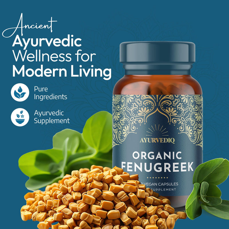 Ayurvediq Organic Fenugreek Capsules - 120 Vegan High Strength Fenugreek Powder Capsules for Lactating Mums, Hormonal & Blood Sugar Balance, Natural Supplements for Digestion 1 count (Pack of 120)