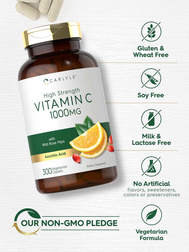 [Australia] - Carlyle Vitamin C 1000mg | 300 Vegetarian Caplets | Ascorbic Acid with Wild Rose HIPS | High Strength Formula | Non-GMO and Gluten Free Supplement 300 Count (Pack of 1) 
