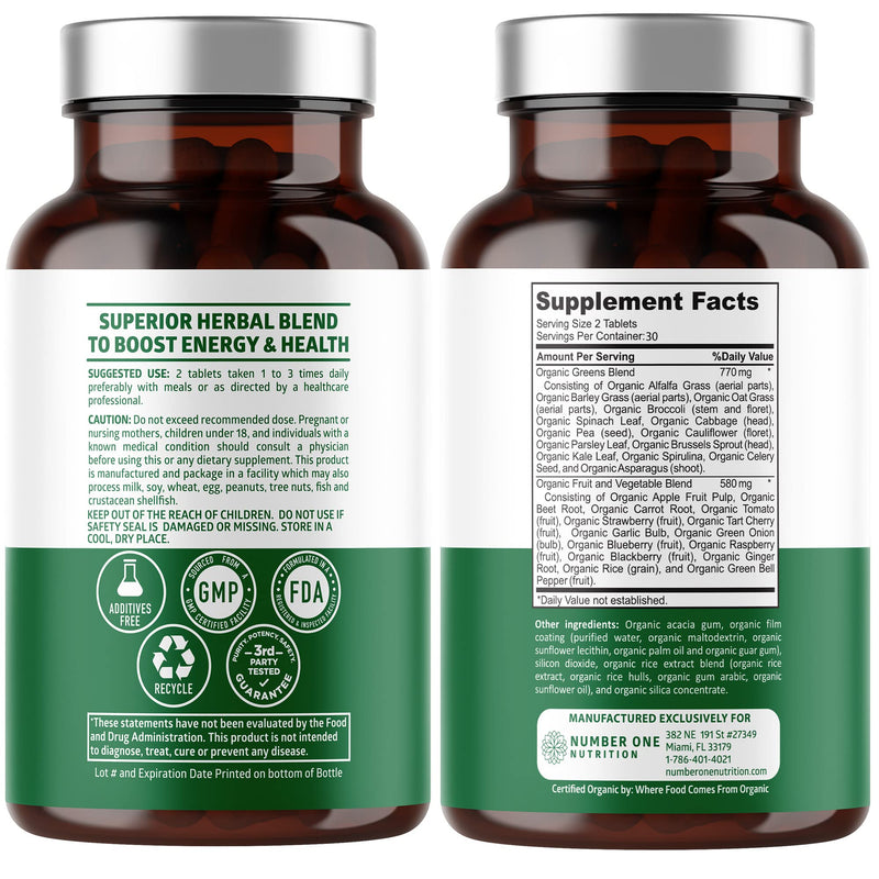[Australia] - N1N Premium Organic Superfood Greens [28 Powerful Ingredients] Natural Fruit and Veggie Supplement with Alfalfa, Beet Root and Ginger to Boost Energy, Immunity and Gut Health, Made in USA, 60 Ct 