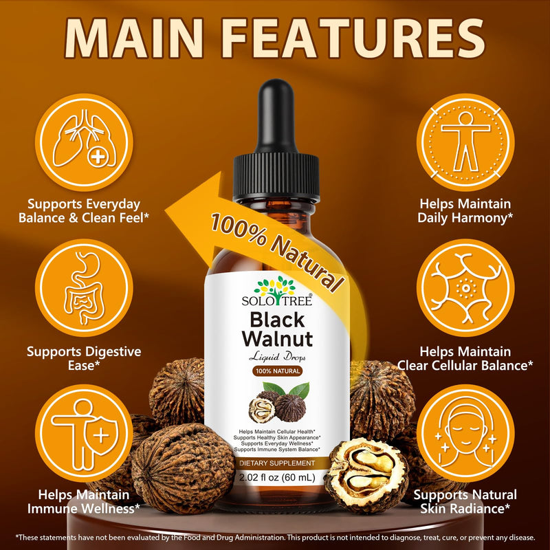 Black Walnut Liquid Drops 60ml Helps Support The Normal Function and Balance of The Immune System - 100% Natural Formula Ingredients, Alcohol-Free & Sugar-Free, Gentle and reassuring.
