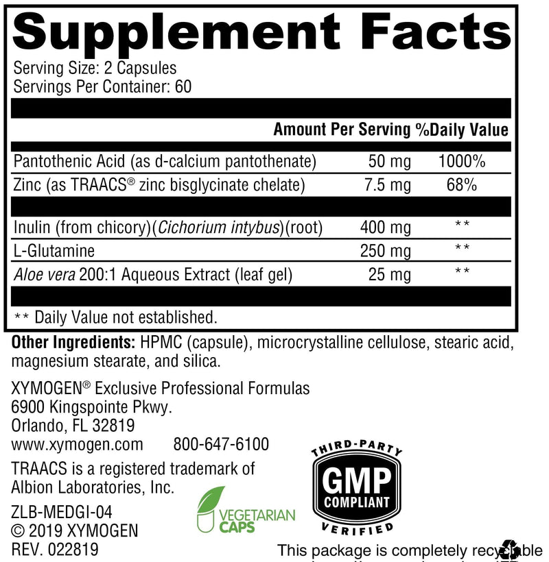 XYMOGEN MedCaps GI - L-Glutamine, Zinc & Prebiotic Inulin - GI Mucosa & Gut Lining Support - with Aloe Leaf Extract - Vegetarian & Non-GMO - 120 Capsules