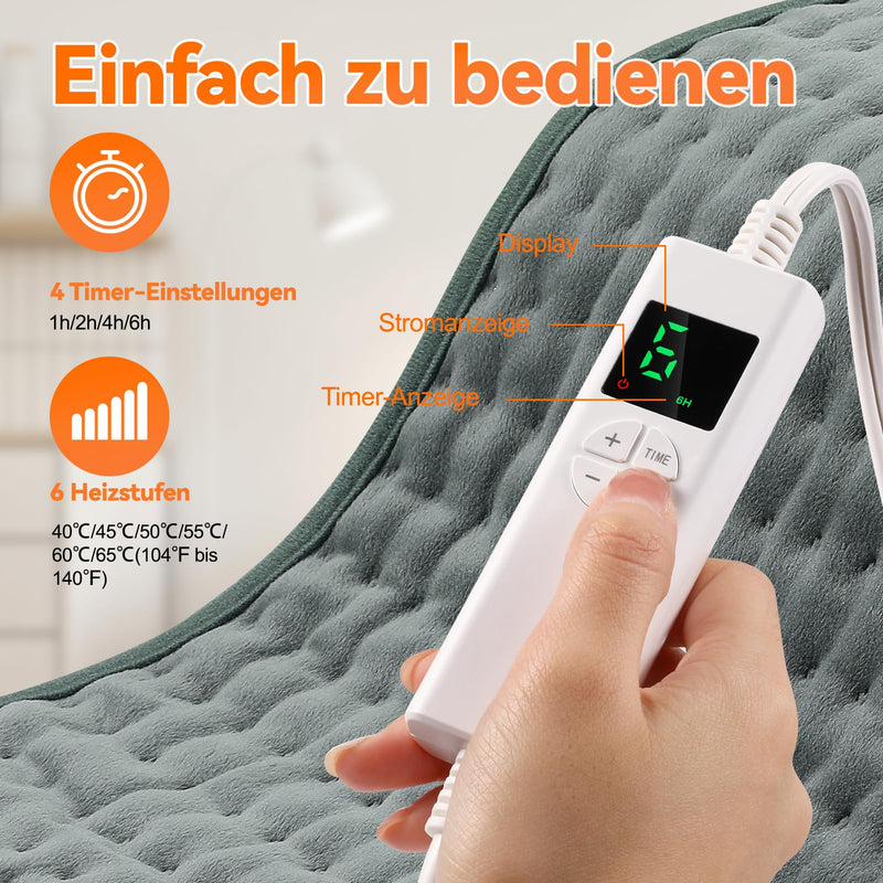 [Australia] - OneAmg heating pad with automatic switch-off, electric heat pad with 4-hour timer and 6 heat settings, heating pad with digital remote control, machine washable, heating pad back 30x60 cm gray 