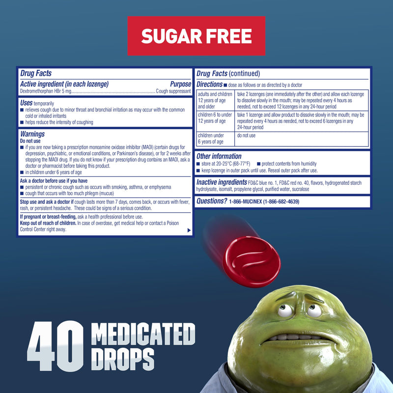 [Australia] - Mucinex Instasoothe Sugar Free Cough Drops, Cough Medicine for Adults with Dextromethorphan HBr, Non Menthol Cough Drops, Cough Suppressant Lozenges, Mixed Berry Medicated Cough Drops, 40ct 