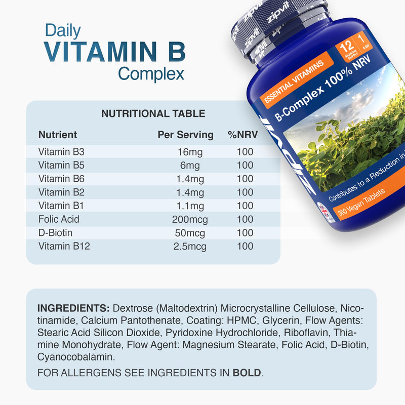 Zipvit Vitamin B Complex, 100% NRV of All 8 B Vitamins, 1 Year Supply, Supports Energy, Mental Performance & Immunity 365 Tablets - Jar