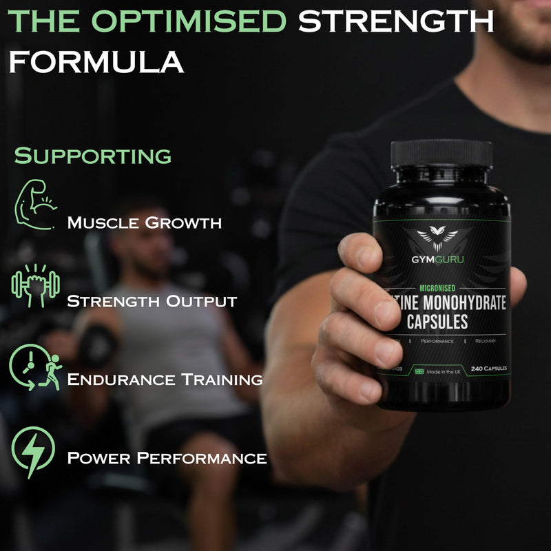 Gym Guru® Creatine Monohydrate Capsules, 240 Tablets, 3000mg, UK Made | Micronized Creatine Tablets, Pure Creatine Capsules, Vegan Creatine for Women and Men, 60 Servings, Strength and Performance