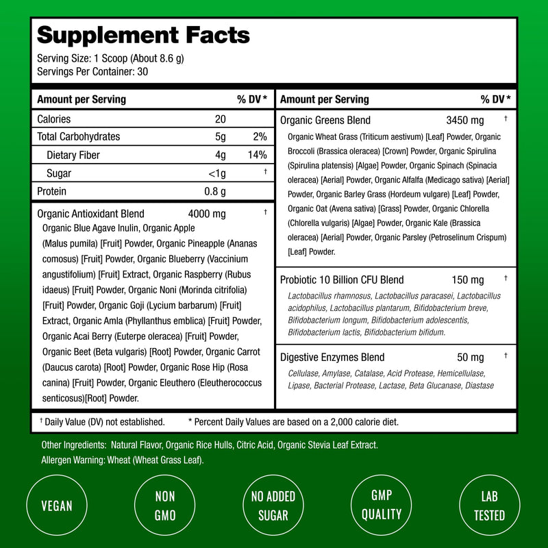 SuperGreens Powder, 40+ Organic Superfoods, Probiotics & Enzymes for Energy, Digestion, Gut Health & Bloating | Organic Fruit & Veggie Drink Mix, Daily Green Juice Smoothie Blend, Spinach, Noni Plus