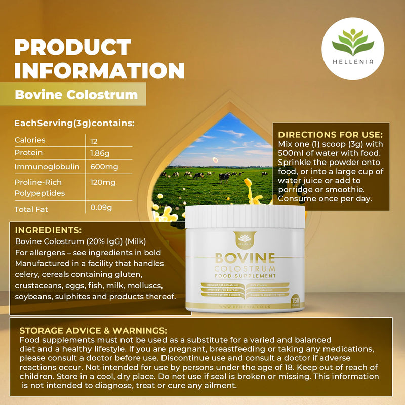 Pure Colostrum Powder - 150 Grams | 20% Immunoglobulins G | Freeze Dried, Reduced-Fat Colostrum | from Grass-fed Cows - Bovine Source | Made in The UK by Hellenia