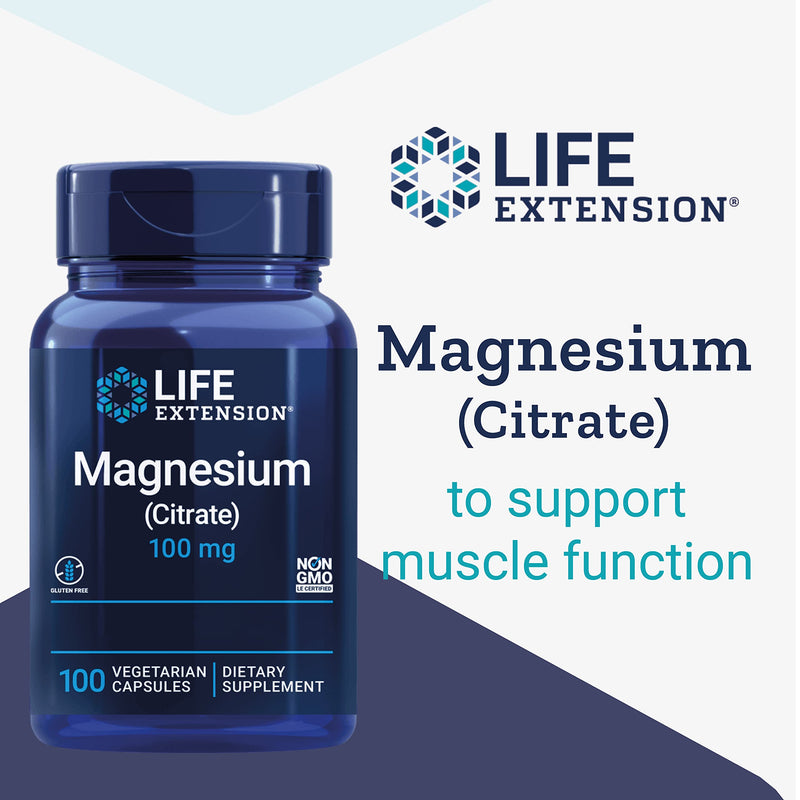 Life Extension, Magnesium Citrate, 100mg, 100 Vegan Capsules, Laboratory-Tested, Gluten-Free, Vegetarian, SOYA-Free, Non-GMO 100 count (Pack of 1)
