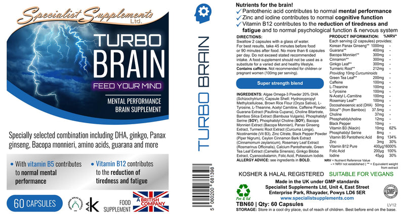 Turbo Brain (Mental Performance Brain Supplement), 60 Capsules
