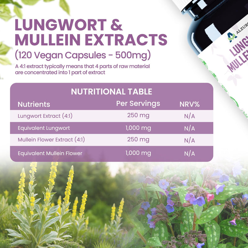 Lungwort & Mullein 2,000mg Equivalent | High Strength 500mg 4:1 Extract | 120 Vegan Capsules | Lung, Respiratory & Clear Breathing Support | GMP & 3rd Party Lab Tested