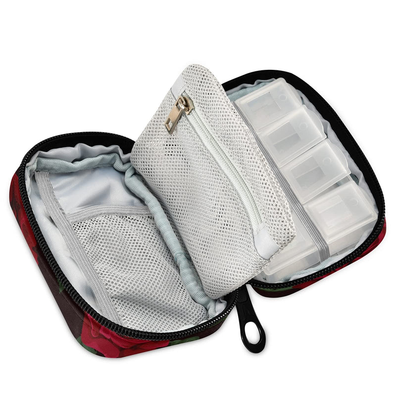 Rose Flower Pill Case 7-Day Travel Pill Organizer Box with Zipper Closure for Vitamins, Medication and Supplements