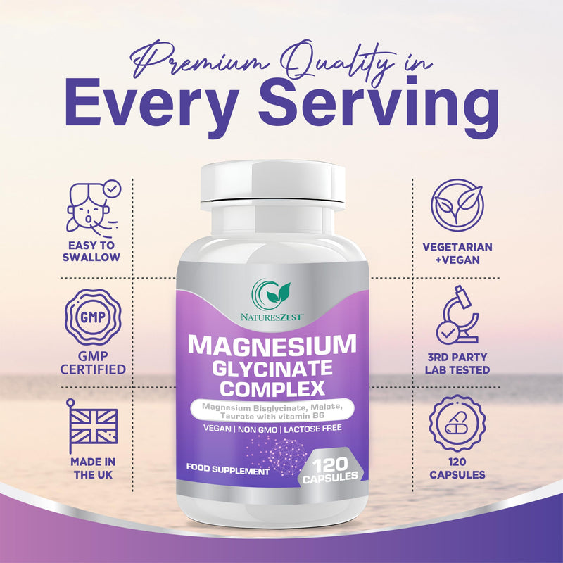 Magnesium Glycinate Complex -120 Capsules -Magnesium Glycinate Bisglycinate, Malate, Taurate with Vitamin B6, Non-GMO, Lactose Free, Muscle, Energy & Sleep Support | Vegan, Non GMO | 40 Days Supply