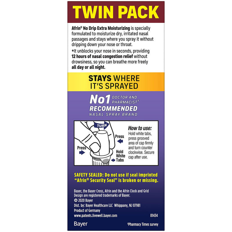 [Australia] - Afrin No Drip Extra Moisturizing Pump Nasal Mist Twin Pack, - Nasal Relief Spray For Nose Congestion and Nasal Relief, 1 Fluid Ounce Total (0.5 FL OZ Bottles) (Packaging May Vary) Medication 