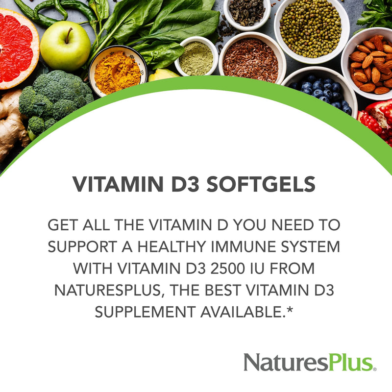 NaturesPlus Vitamin D3 2500 IU - Active Vitamin D Supplement - Immune Support, Bone, Muscle and Teeth Health - Easy to Swallow, One A Day, Gluten Free - 90 Softgels 90 count (Pack of 1)
