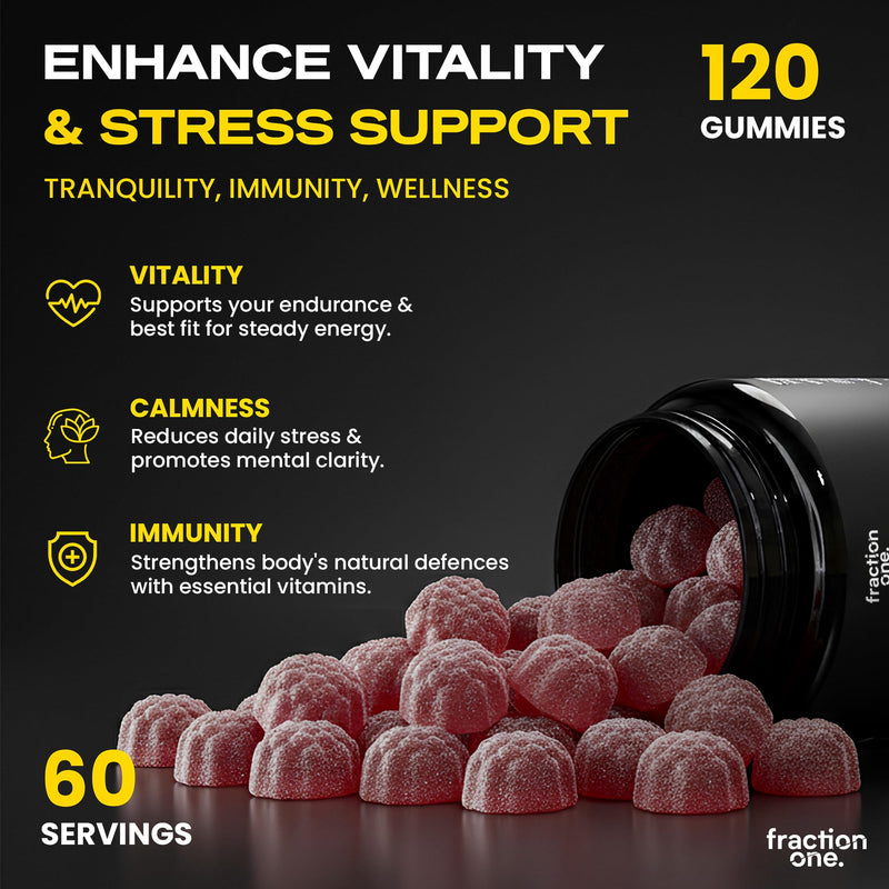 Fraction One Ashwagandha Gummies - 120 Gummies - 300 mg per Serving Enhanced with Vitamin D2 & B6 - High Strength Root Extract - Supports Stress & Energy - Berry - Vegan Friendly - 60 Days Supply