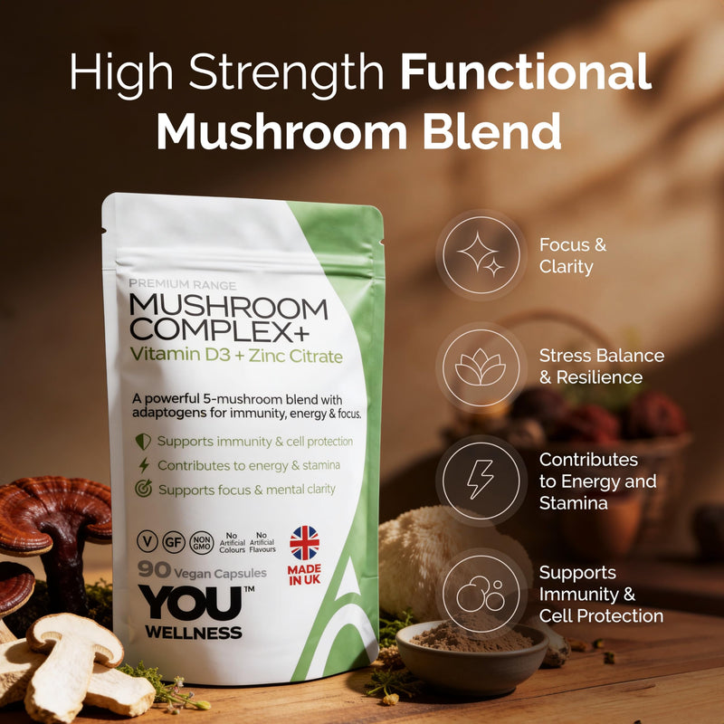 Mushroom Complex with Lion's Mane Supplement, Cordyceps, Reishi, Shiitake & Maitake + Vitamin D3 & Zinc - High‑Strength Lion's Mane Capsules to Support Focus & Mental Clarity - 90 Vegan Capsules