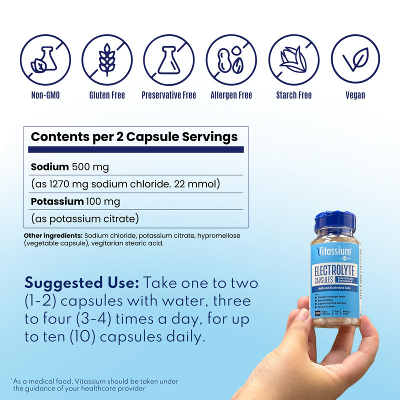 [Australia] - Vitassium Electrolyte Capsules, Electrolytes for Dietary Management of POTS Syndrome Symptoms (500mg Sodium - 100mg Potassium), Unflavored, 100 Buffered Salt Pills 100 Count (Pack of 1) 