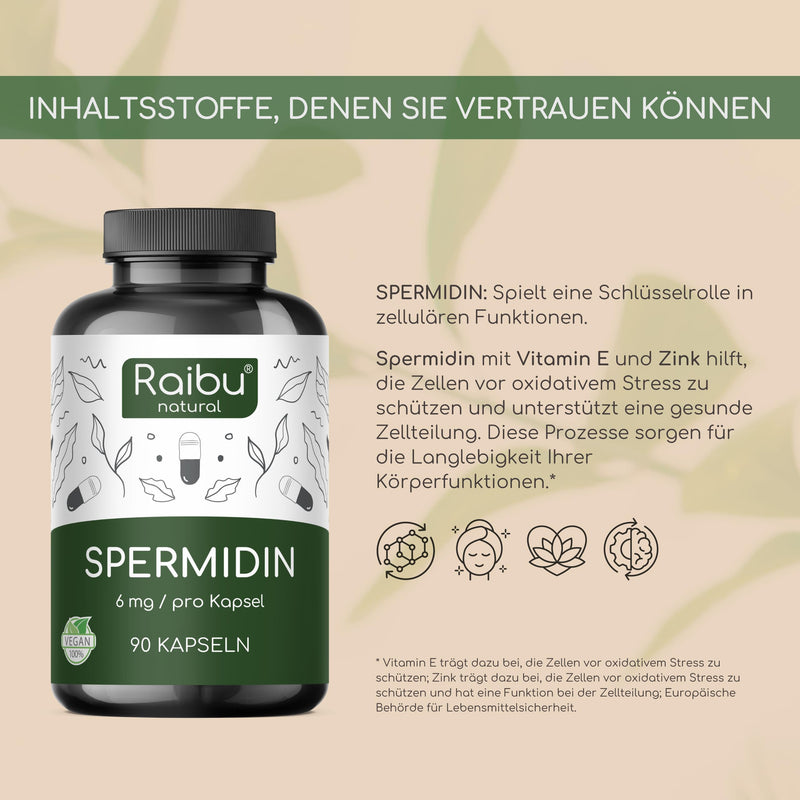 [Australia] - Raibu spermidine capsules high dosage - 6 mg spermidine per capsule (90 x 6 mg) - supply for 3 months - vegan, natural & without additives - made from wheat germ extract 