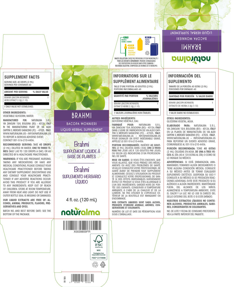 [Australia] - Naturalma Brahmi (Bacopa monnieri) herb Alcohol-free Tincture - 4 fl oz Liquid extract in drops - Herbal supplement - Vegan 4 Fl Oz (Pack of 1) 