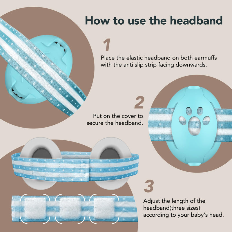[Australia] - Moonybaby 2-in-1 Baby Ear Protection, Comfortable Headphones, Noise Cancelling, Adjustable Baby Headphones with Stretchy Band Blue 