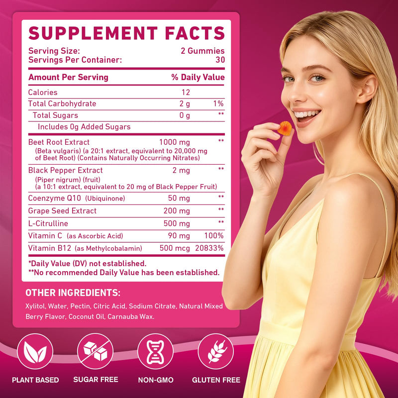 Beetroot Gummies - Beet Root for High Blood Pressure Supplements with Grape Seed Extract + CoQ10 + Black Pepper Extract + L-Citrulline + Vitamin C B12 Ultimate Heart for Blood Flow & Energy, 60 Count Mixed Berry 60 Count (Pack of 1)