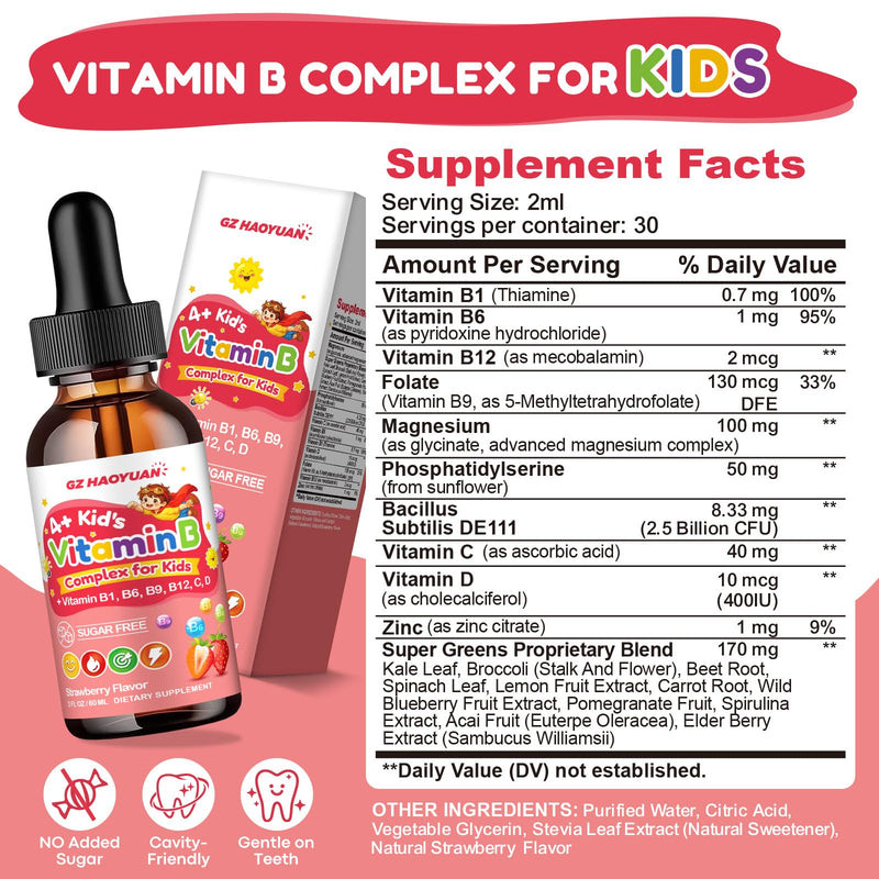 Vitamin B Complex for Kids with B1, B6, B9, B12 & Magnesium, Super Greens, Kids B Complex Supplement for Brain Support, Energy & Focus, Digestive Gut & Immune Support, Strawberry Flavor, 2 fl oz