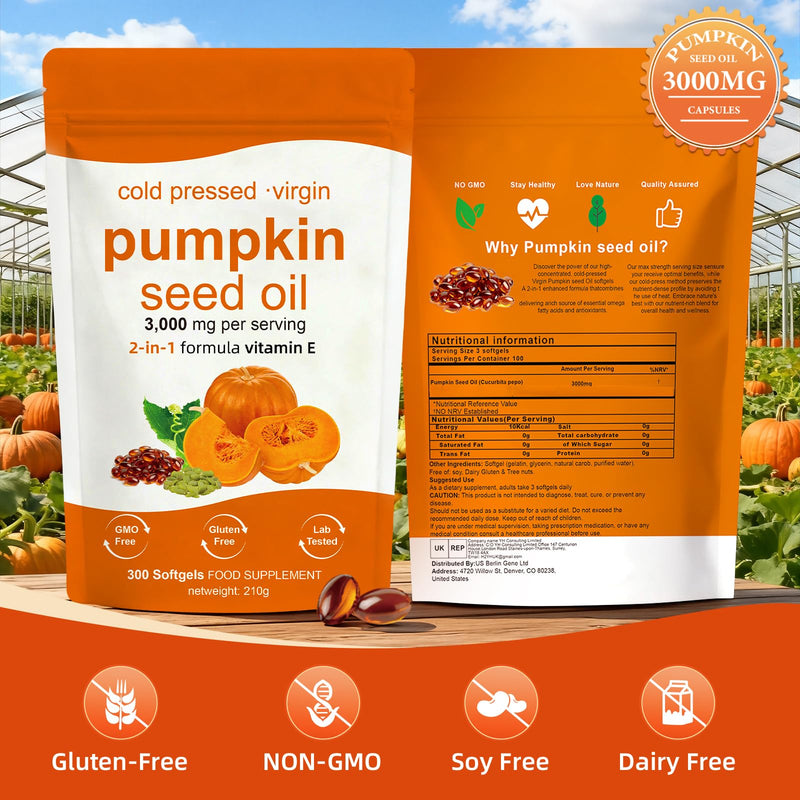 Pumpkin Seed Oil Capsules - 300 Softgels | 3000mg Per Serving, Cold Pressed Virgin Pumpkin Oil, Rich in Omega 6, Omega 9, Supports Hair Growth, Skin Health, Prostate & Bladder Function | Vegan,Non-GMO