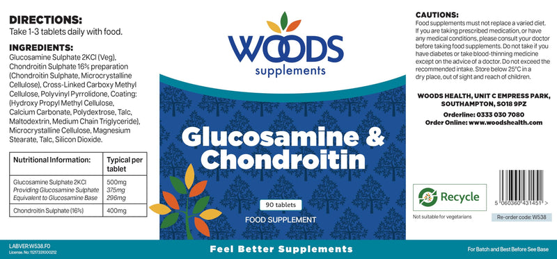 Glucosamine 500mg & Chondroitin 400mg (90 Tablets) from Woods Supplements | Dual Supplement Formulation | 16% Preparation Tablets 90