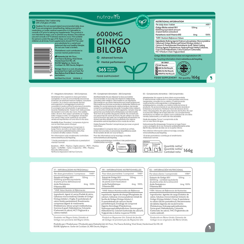 Nutravita Ginkgo Biloba 6000mg Vegan Tablets Enriched with Vitamin B5 – 365 Tablets – Ginko Biloba High Strength Supplement – 50:1 Extract - 1 Year Supply Pan-EU Label