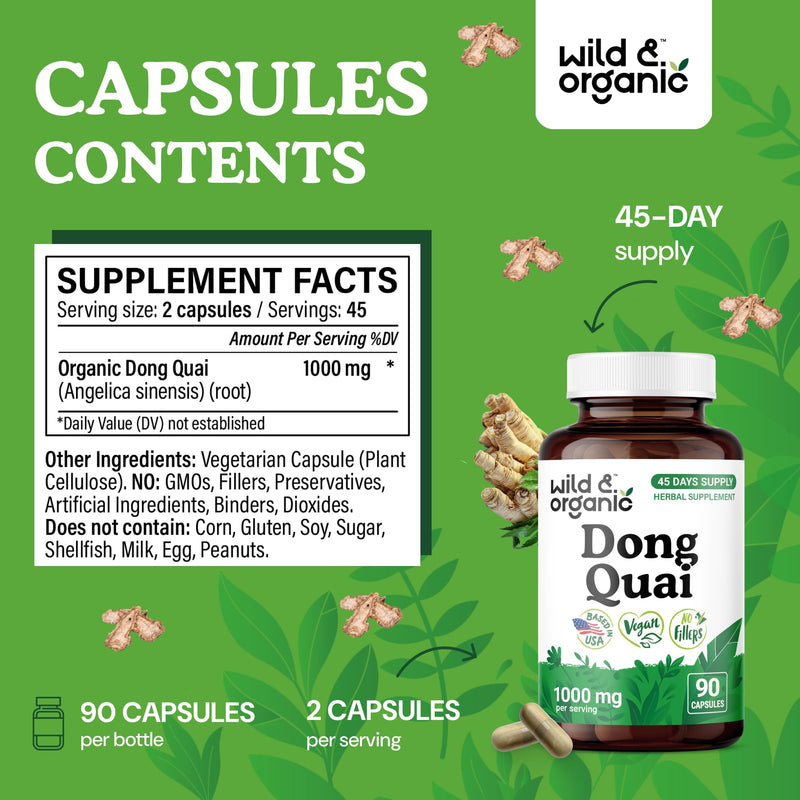 [Australia] - Wild & Organic Dong Quai Capsules for Women - 1000 mg per Serving - Dong Quai Root Supplement - 45-Day Supply - Traditional Angelica Sinensis - Non-GMO, Vegan, Gluten-Free - 90 Count 