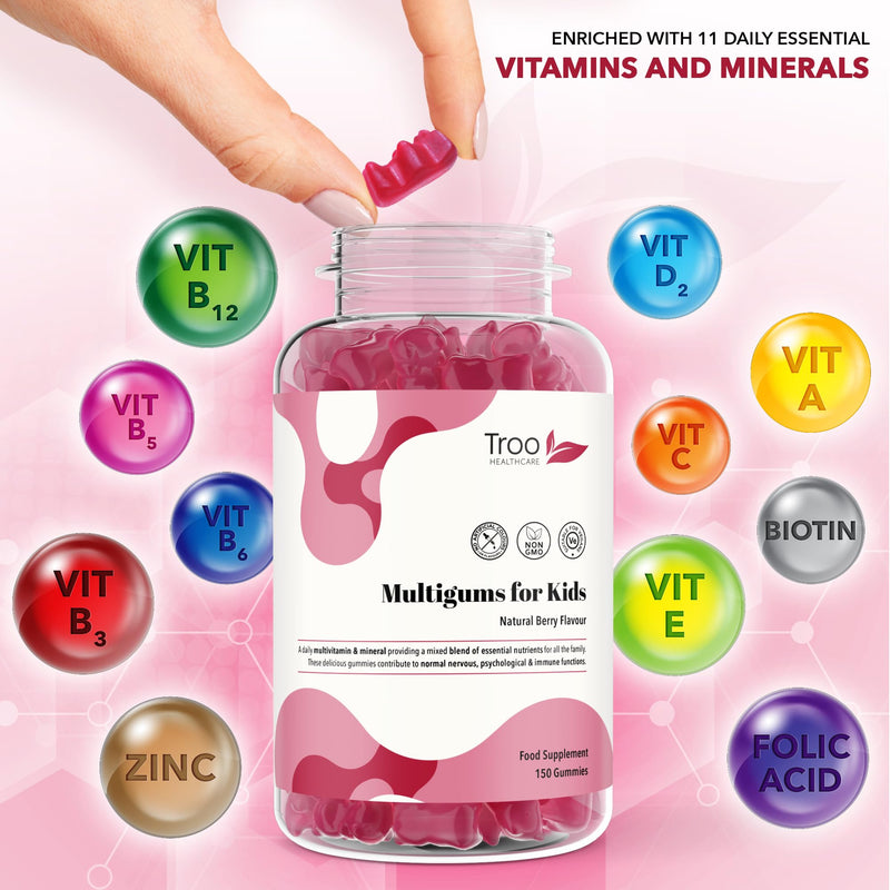 Troo Health Care Multigums for Kids - 150 Natural Berry Chewable Gummies | Multivitamin & Mineral Gummies - Vegan, Non-GMO Includes Vitamins A, B3, B5, B6, B12, C, D2, E, Biotin, Folic Acid & Zinc 1 count (Pack of 1)