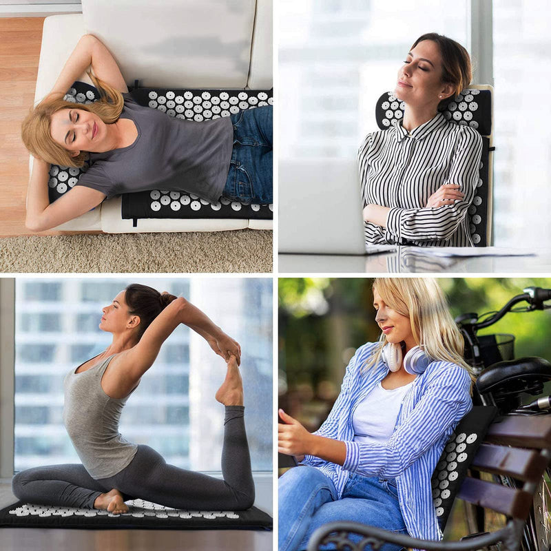 [Australia] - Acupressure set acupressure mat pillow for soothing relaxation and massage, relief from back pain, headache, neck pain, stress and sleep disorders at home, in the office or when traveling black and white 