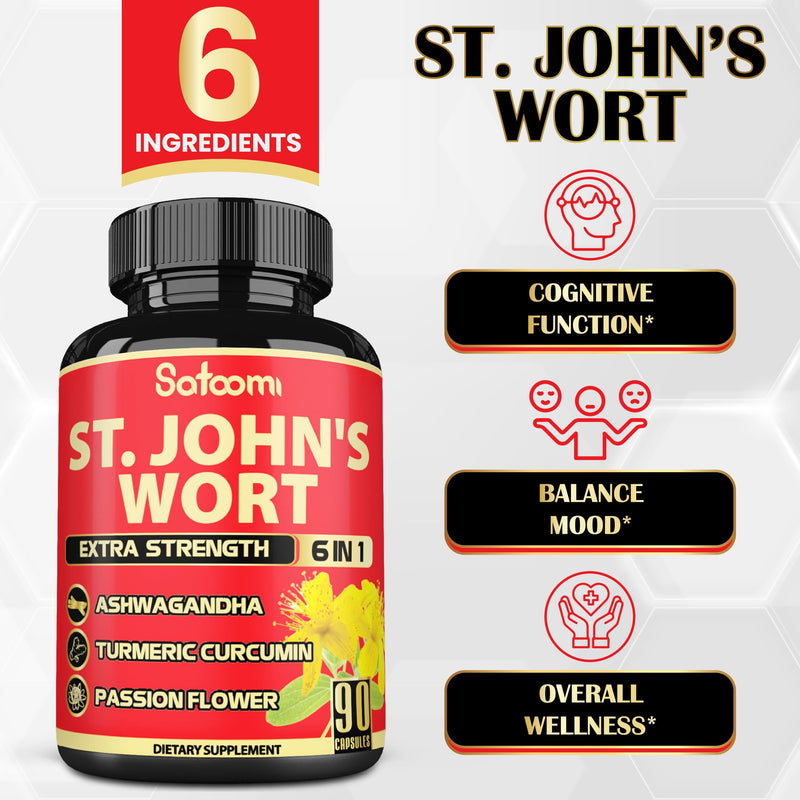 [Australia] - Satoomi St. John's Wort Capsules Extract Supplement 5050mg - 90 Veggie Caps 3-Month Supply - Ashwagandha Root, Turmeric Curcumin Root, Passion Flower & more 