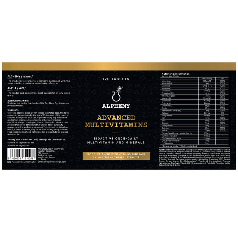 Advanced Multivitamin & Minerals | 120 Tablets / 4 Month Supply | 26 A-Z High Strength Bioactive Vitamins, Minerals, Antioxidants & Herbal Extracts. Daily Supplement for Men & Women. UK Made Alphemy