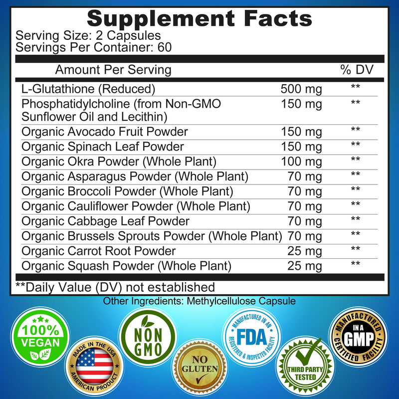 [Australia] - Liposomal Glutathione 500mg - Active Form L Glutathione (Reduced) for Maximum Absorption - Made with Organic Whole Foods - Master Antioxidant & Detoxifier - Immune & Cardiovascular Support - 120 count 120 Count (Pack of 1) 