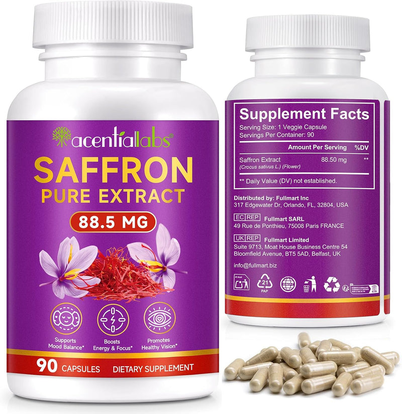 100% Pure Saffron Extract - Supports Weight and Appetite Health, Mood, Focus, Memory, Digestion, Eye, Skin and Brain Health. NSF Certified Saffron Supplements for Women and Men, 45-Day Supply.