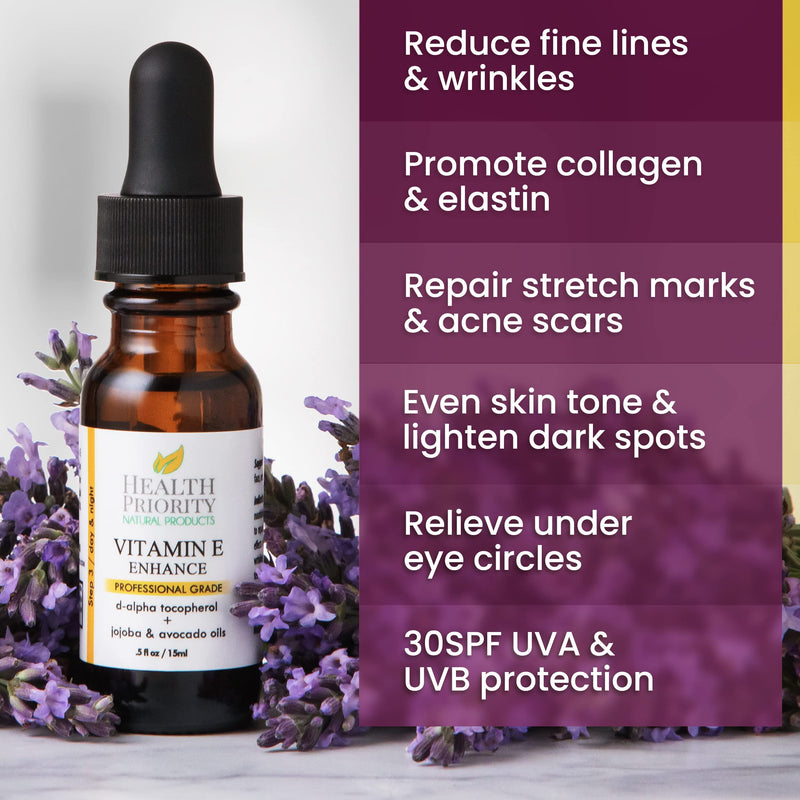 Health Priority Naturals|Vitamin E Oil - for Face/Hair - Organic, Handmade, Non-GMO, Gluten-Free, Vegan - For Scars, Wrinkles, Stretch Marks - Scented, 15,000 IU, 0.5 Fl Oz 0.5 Fl Oz (Pack of 1)