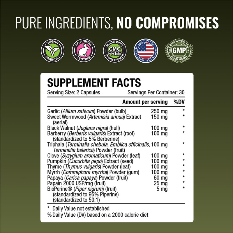 [Australia] - Approved Science Parastrin - 60 Capsules - Black Walnut, Garlic Bulb, Papain 2000, BioPerine - Vegan 60 Count (Pack of 1) 
