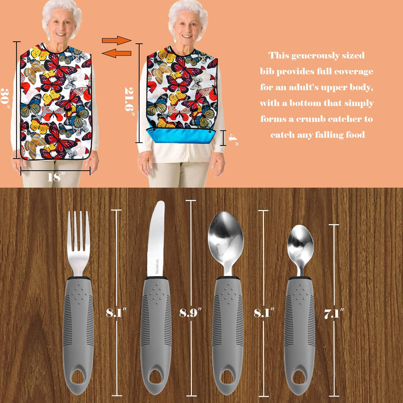 [Australia] - Adaptive Utensils with Adult Bib - 4pcs Weighted Utensils Set (2.5oz Each) for Hand Tremors, Elderly, Parkinson's, Arthritis - Non-Slip Easy Grip Handles for Independent Eating Gray 4 utensils + 1 bib butterfly 