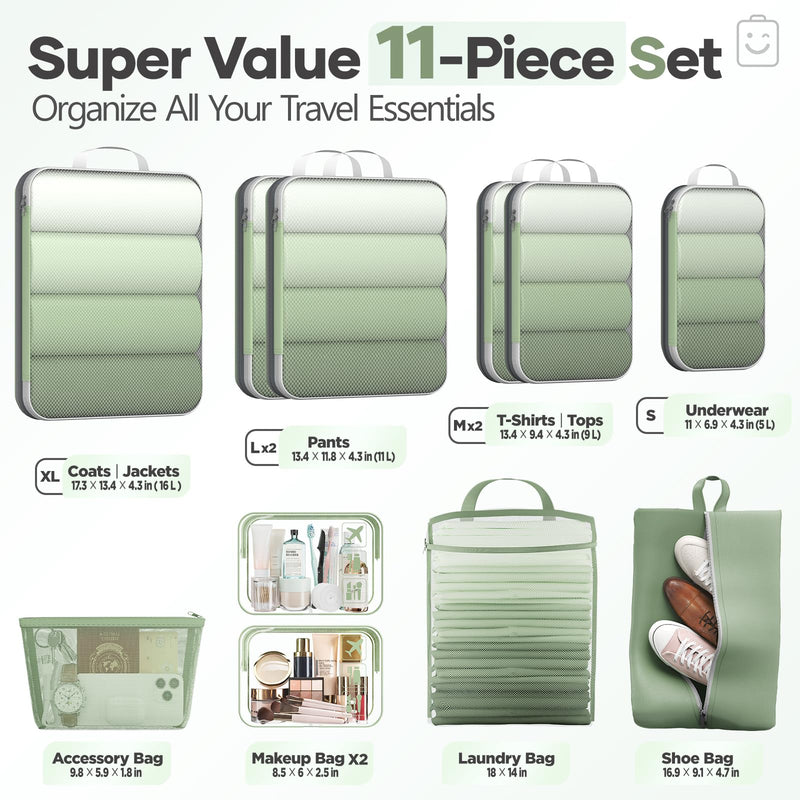 Veken 11 Set Compression Packing Cubes Garment Bags for Travel Essentials,Compressible Expandable Luggage Organizer Bags for Clothing,Space Saver Bags with Over 1000 pcs of Mesh Holes(Matcha Green) Matcha Green