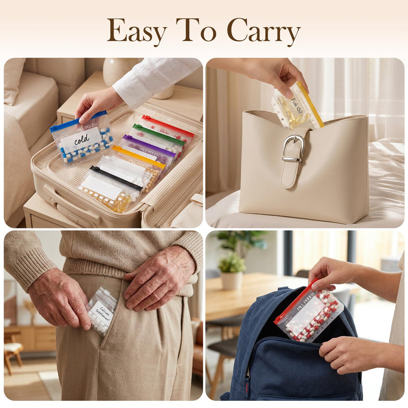 7 Pcs Pill Pouches for Travel, Reusable Pill Bags Set, Large Self Sealing Medicine Bags, Double-Sided Write-On Label, Binder-Ready Hole Design, 3.38 x 5.2 Inch 1