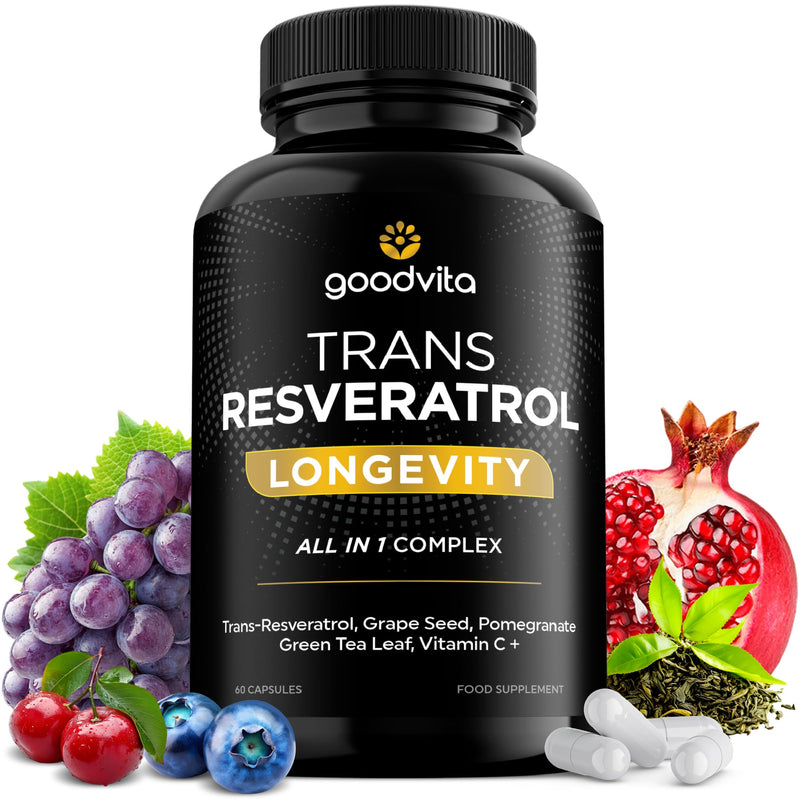 Trans Resveratrol Supplement 650mg | UK Made | 60 Capsules, 2 Month Supply | Antioxidant, Anti-Aging, Immune, Joint Support | Grape Skin, Pomegranate, Vitamin C | Rich in Polyphenols