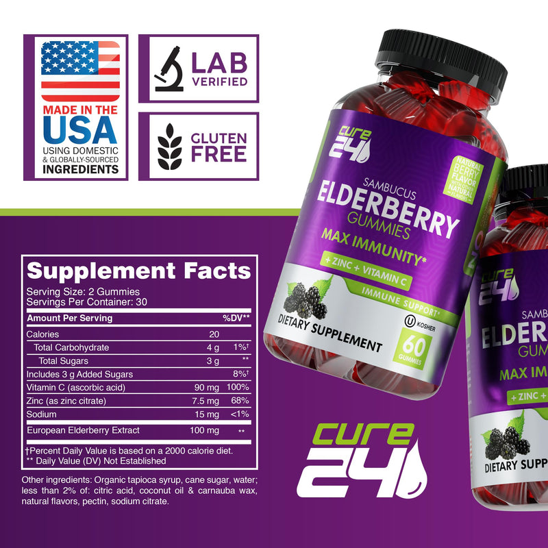 [Australia] - Sambucus Elderberry Gummies for Adults & kids, Black Elderberry Vitamin C and Zinc Supplements, Triple immune support Supplement, 60 chews, Made in USA 