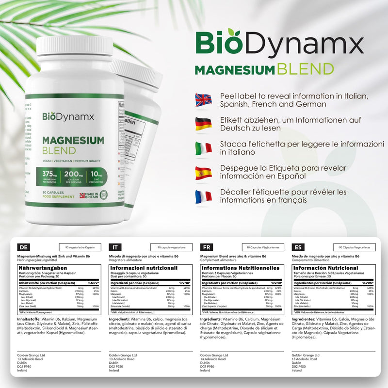 Magnesium 3‑in‑1 Complex 375 mg – Glycinate, Malate & Citrate – 90 High Strength Vegan Capsules (30‑Day Supply) | Energy, Recovery & Sleep Support | UK Made, GMP Certified & Allergen Free