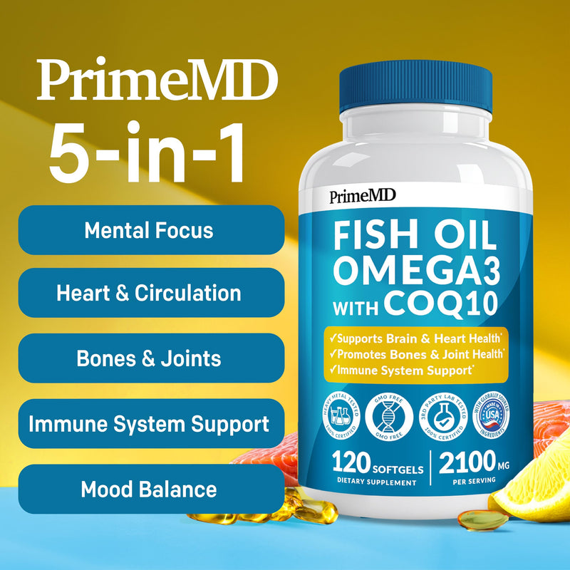 [Australia] - 5-in-1 Fish Oil Omega 3 Supplements with Vitamins D3 & K2 and CoQ10 - DHA EPA Omega 3 Fish Oil Supplements - Lemon Flavored Omega 3 Fatty Acid Supplements with 2100mg Per Serving (120ct) 