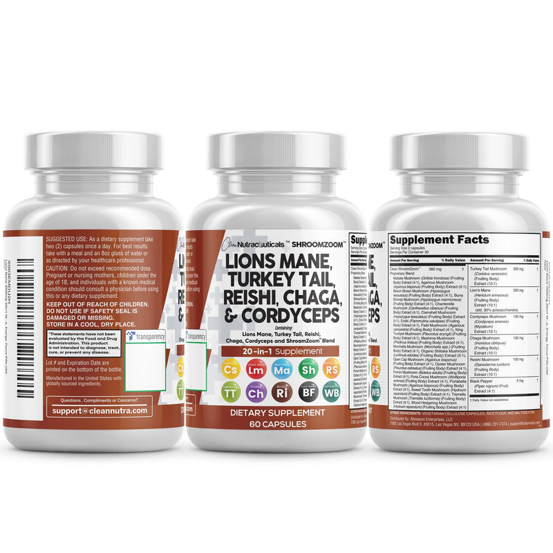 [Australia] - Clean Nutraceuticals Lions Mane 20in1 Mushroom Supplement with Turkey Tail Reishi Cordyceps Chaga Maitake Meshima Poria Cocos Shiitake Oyster Porcini Enoki - 1 Pack 