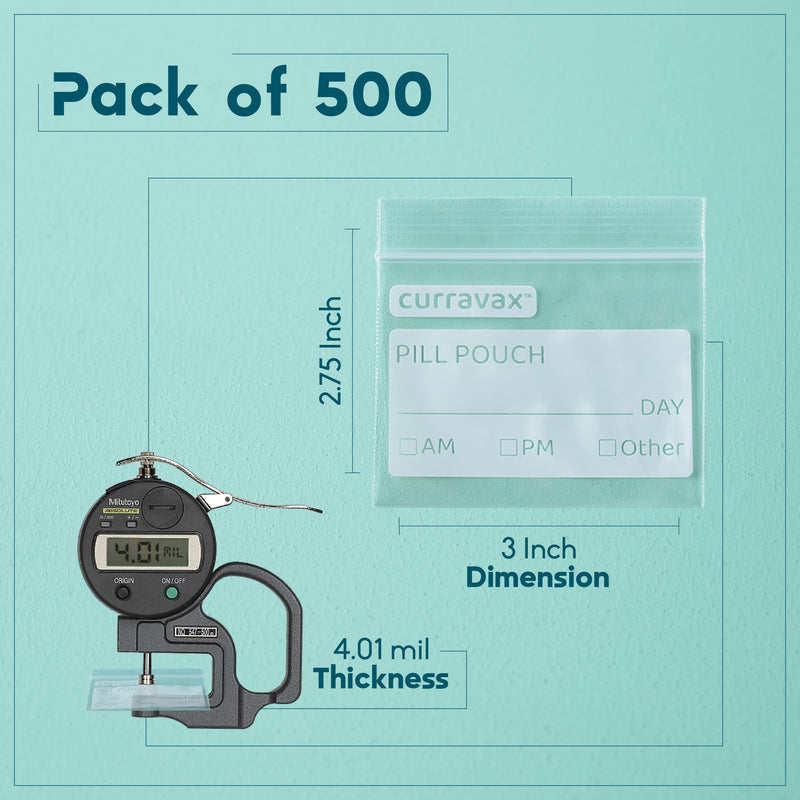 [Australia] - Pill Bags Pack of 500 - BPA Free 3 x 2.75 inch Pill Pouch - Reusable Pill Pouches for Medicine with Write on Label –Clear Ziplock Pill Baggies for Travel Medicine Organizer 