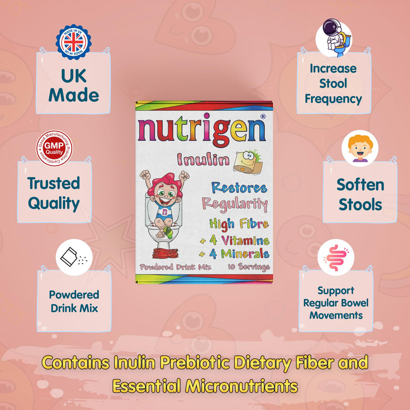 Nutrigen Inulin Prebiotic Fiber with Vitamins C, D, E, Folic Acid, Iodine, Magnesium, Selenium & Chromium • Gut Health • Bowel Regularity • Convenient Drink Mix • 10 Sachets