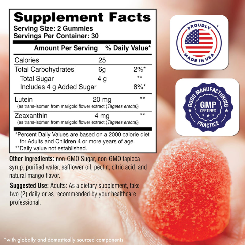 Health Thru Nutrition Lutein + Zeaxanthin Gummies | All-Trans Form | 20mg Lutein & 4mg Zeaxanthin Trans-isomers | Golden Mango Flavor | Eye Support | Non-GMO, Vegan| 60 Gummies